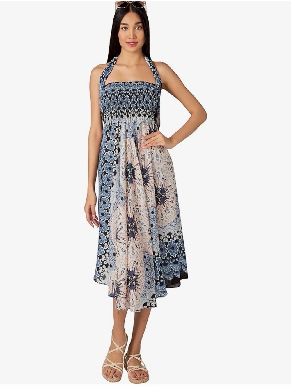 NWOT Smocked Halter Midi Dress or skirt in Blue and Cream Floral, One Size